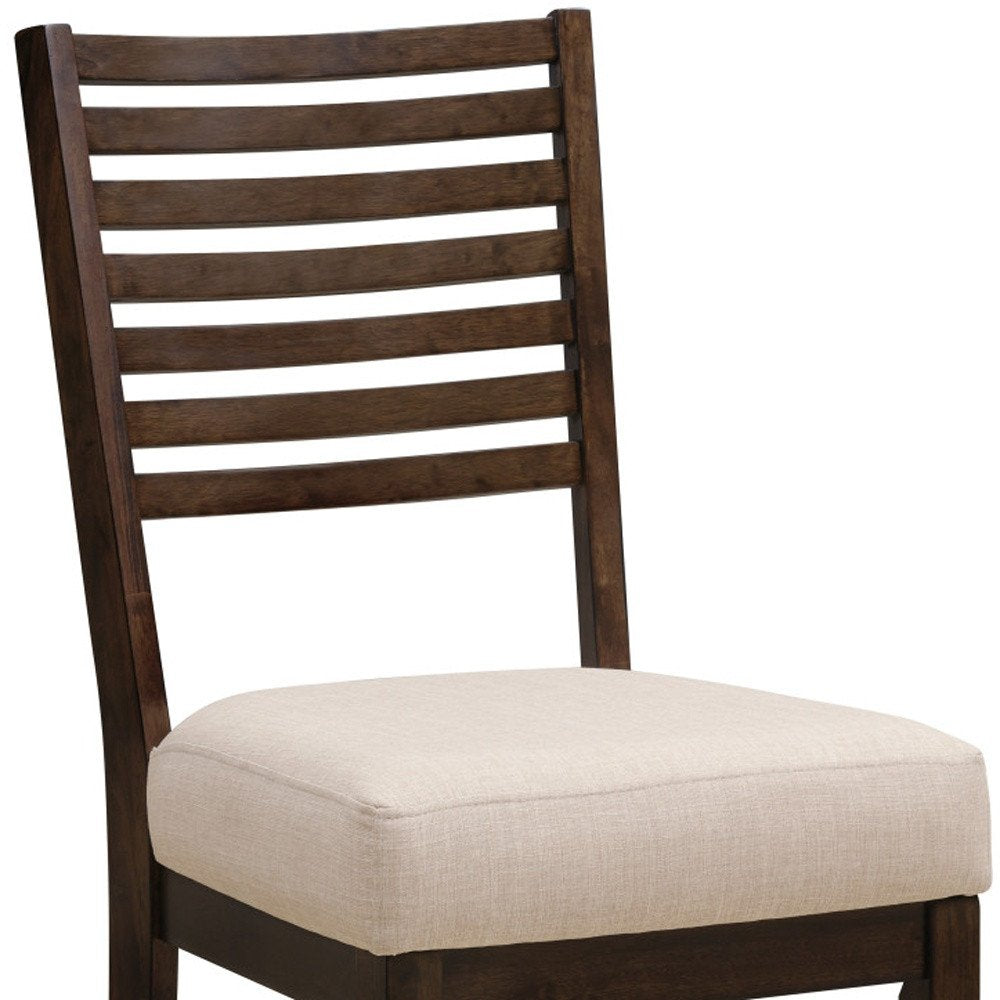 Set of Two Ivory And Dark Brown Linen And Solid Wood Slat Back Dining Side Chairs — view 7