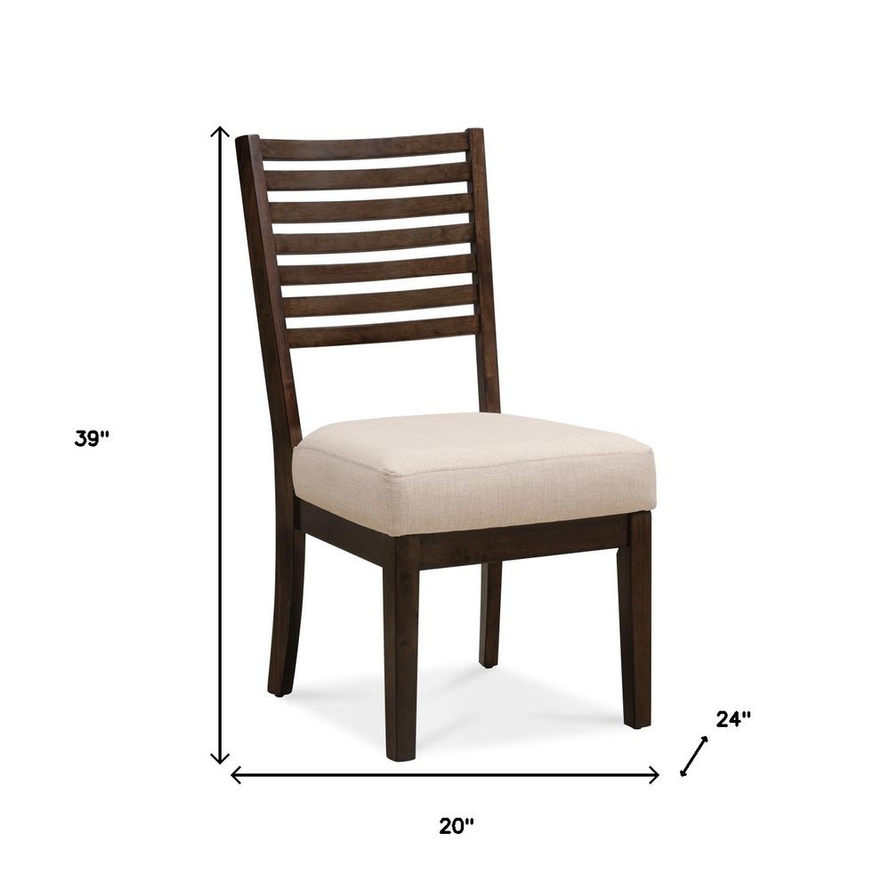 Set of Two Ivory And Dark Brown Linen And Solid Wood Slat Back Dining Side Chairs — view 8