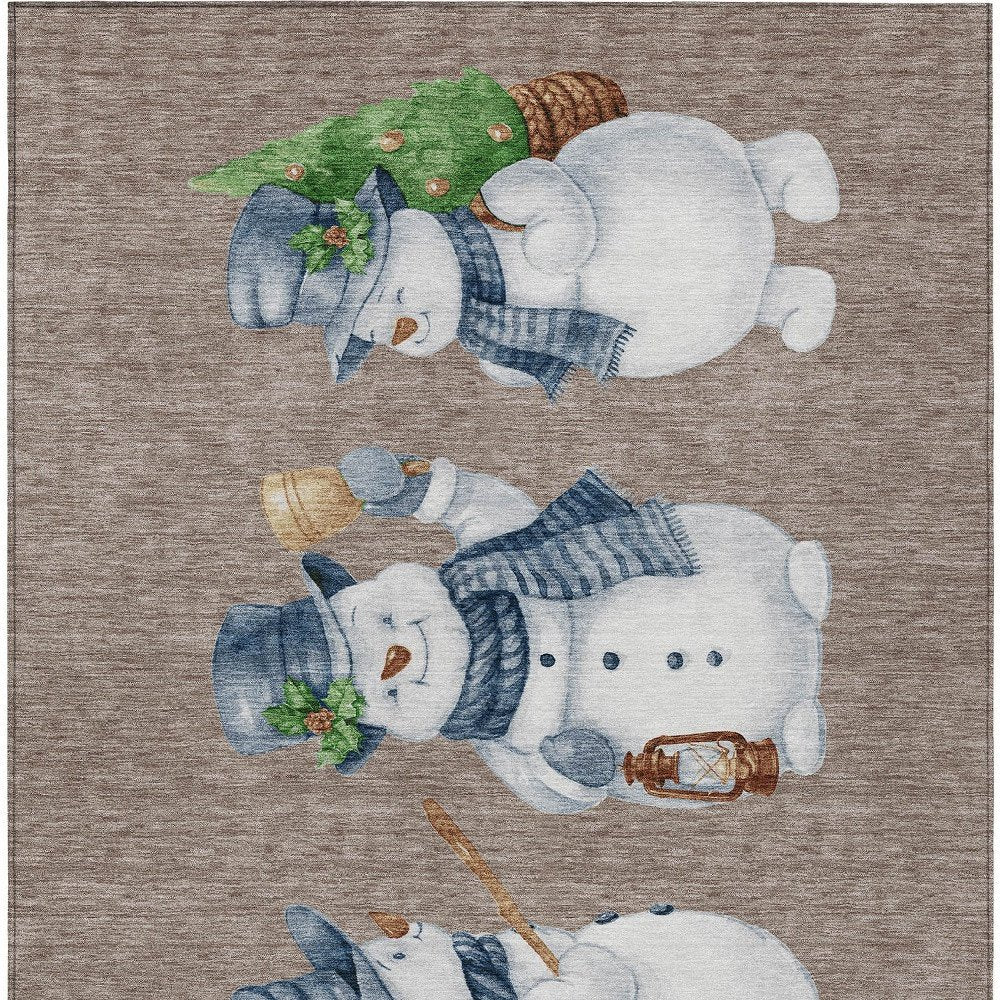 3' X 5' Taupe Denim Blue And Ivory Snowmen Washable Indoor Outdoor Area Rug — view 5