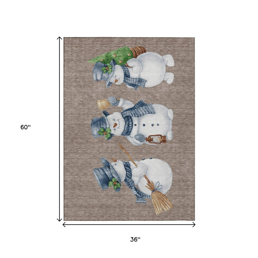 3' X 5' Taupe Denim Blue And Ivory Snowmen Washable Indoor Outdoor Area Rug HomeRoots