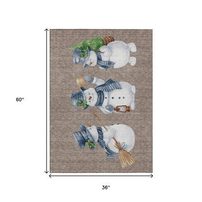 3' X 5' Taupe Denim Blue And Ivory Snowmen Washable Indoor Outdoor Area Rug HomeRoots