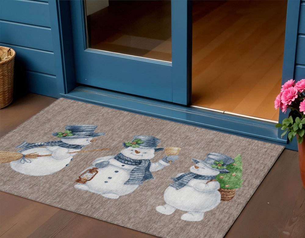 3' X 5' Taupe Denim Blue And Ivory Snowmen Washable Indoor Outdoor Area Rug — view 7