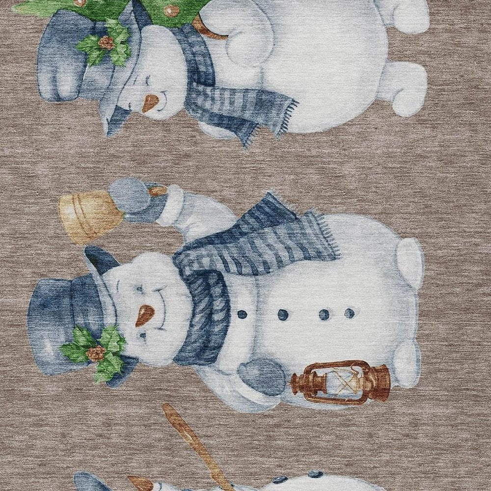 3' X 5' Taupe Denim Blue And Ivory Snowmen Washable Indoor Outdoor Area Rug HomeRoots