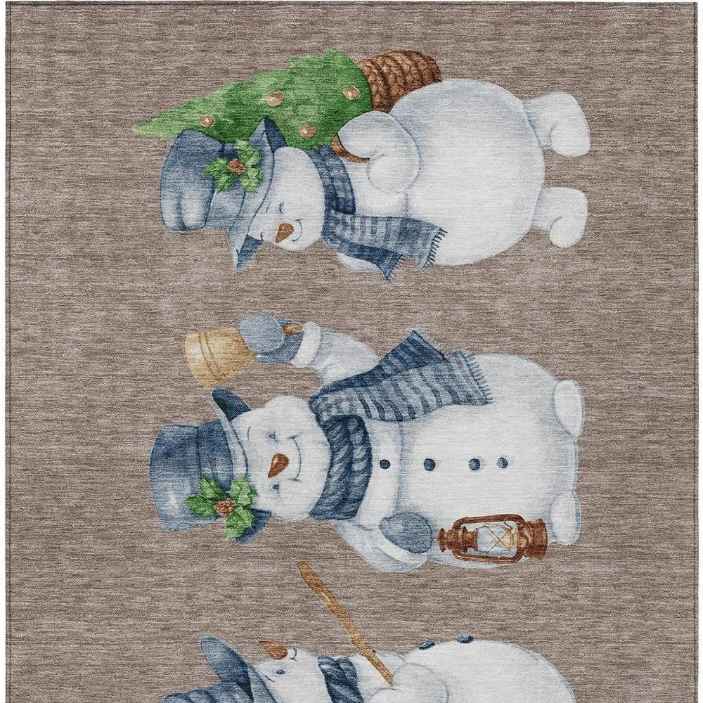 3' X 5' Taupe Denim Blue And Ivory Snowmen Washable Indoor Outdoor Area Rug HomeRoots