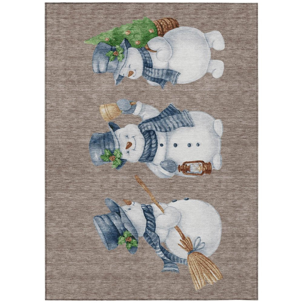 3' X 5' Taupe Denim Blue And Ivory Snowmen Washable Indoor Outdoor Area Rug — view 1