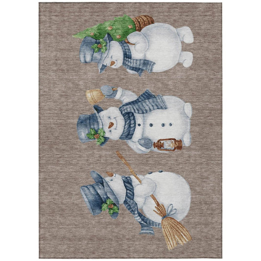 3' X 5' Taupe Denim Blue And Ivory Snowmen Washable Indoor Outdoor Area Rug