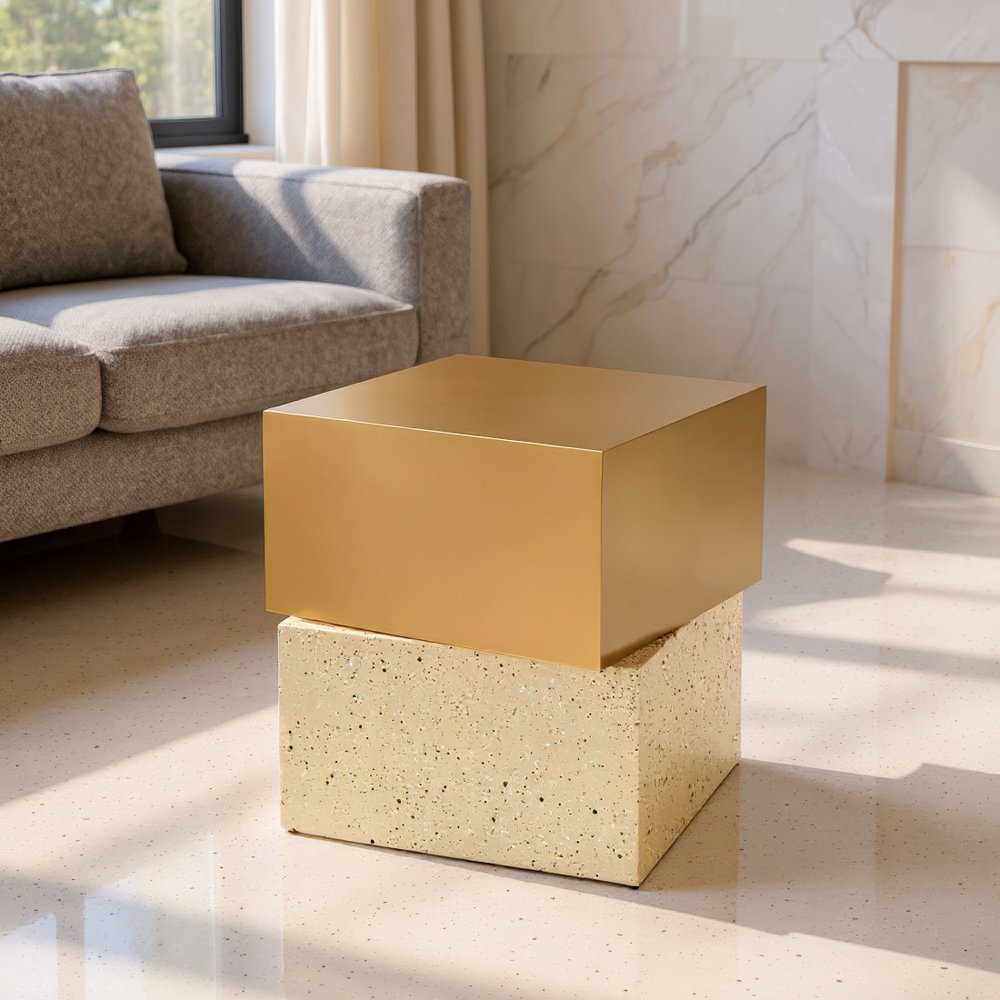 20" Gold and Beige Faux Terrazzo and Iron Free Form Pedestal End Table HomeRoots