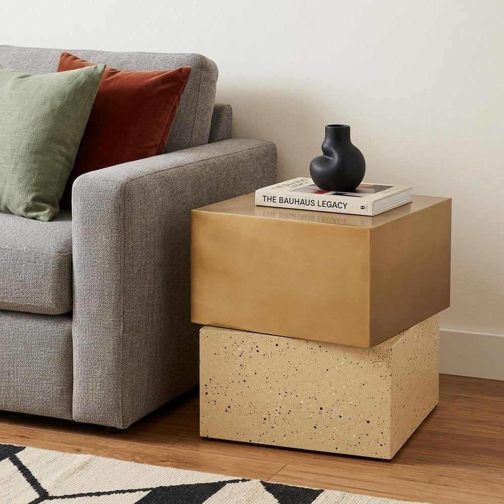 20" Gold and Beige Faux Terrazzo and Iron Free Form Pedestal End Table — view 1