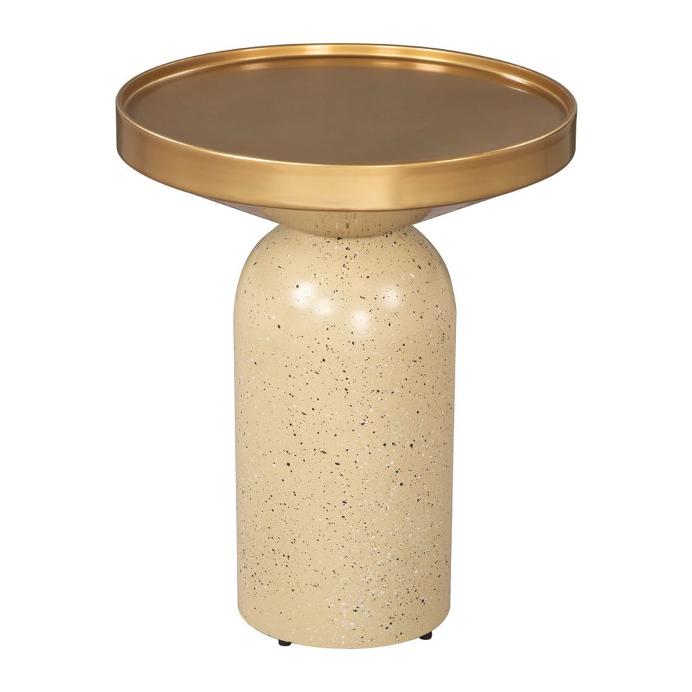22" Gold and Beige Iron and Faux Concrete Round Pedestal End Table — view 3