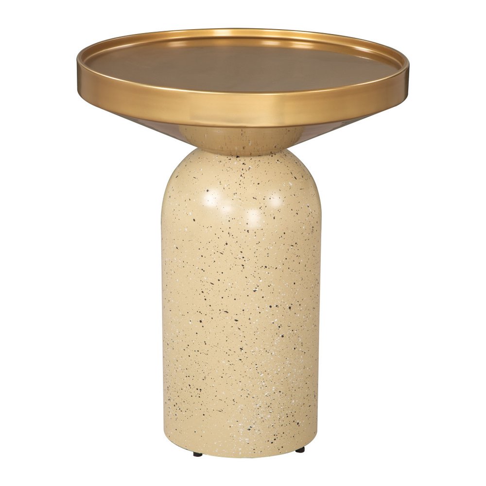 22" Gold and Beige Iron and Faux Concrete Round Pedestal End Table HomeRoots