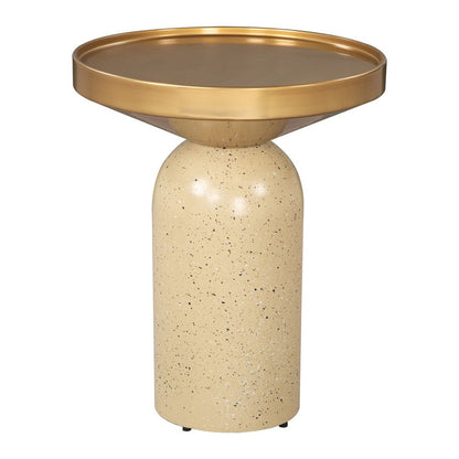 22" Gold and Beige Iron and Faux Concrete Round Pedestal End Table HomeRoots