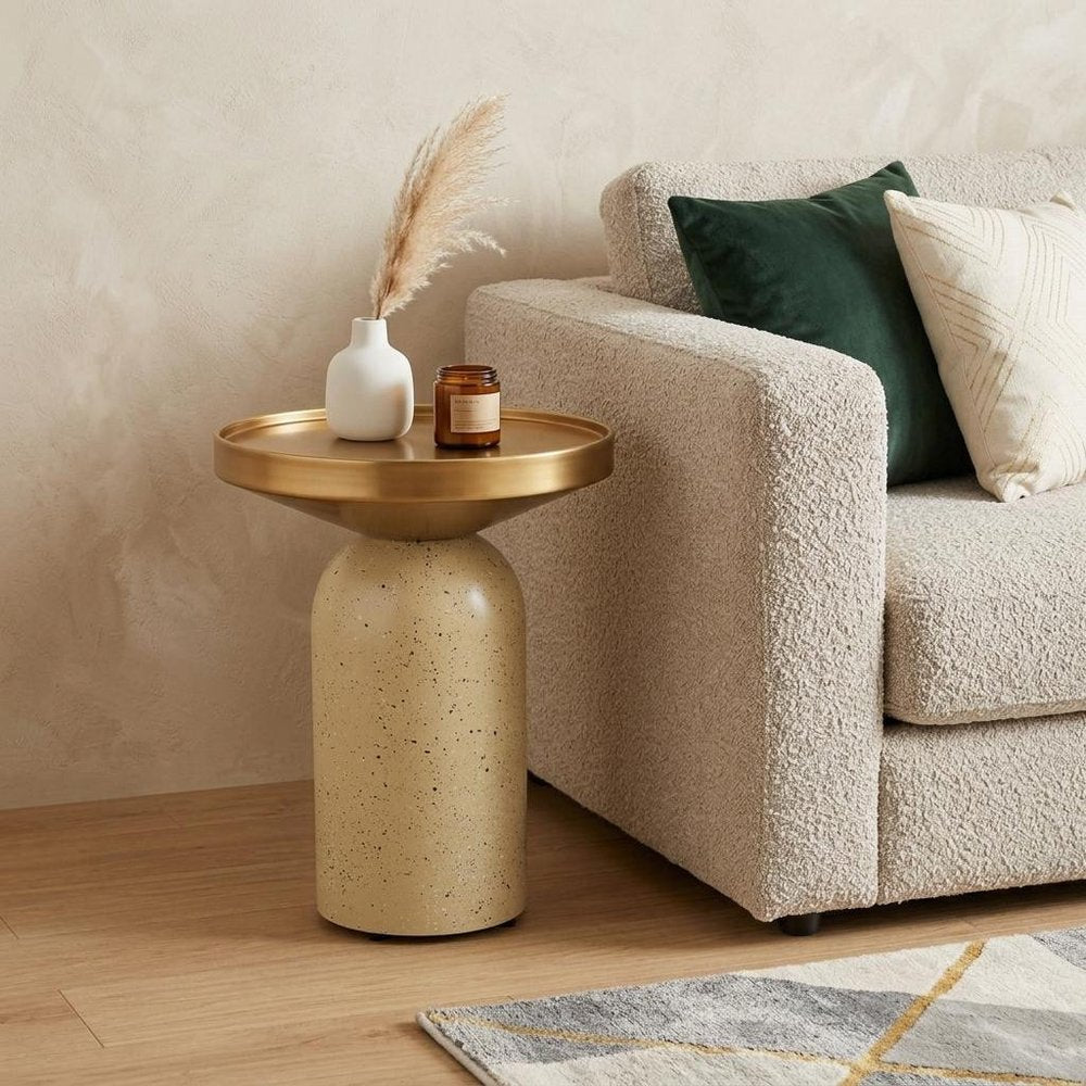 22" Gold and Beige Iron and Faux Concrete Round Pedestal End Table — view 1