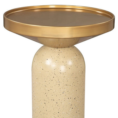 22" Gold and Beige Iron and Faux Concrete Round Pedestal End Table HomeRoots