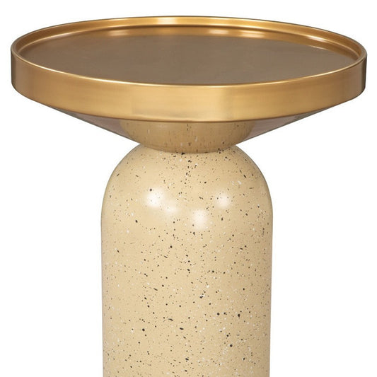 22" Gold and Beige Iron and Faux Concrete Round Pedestal End Table