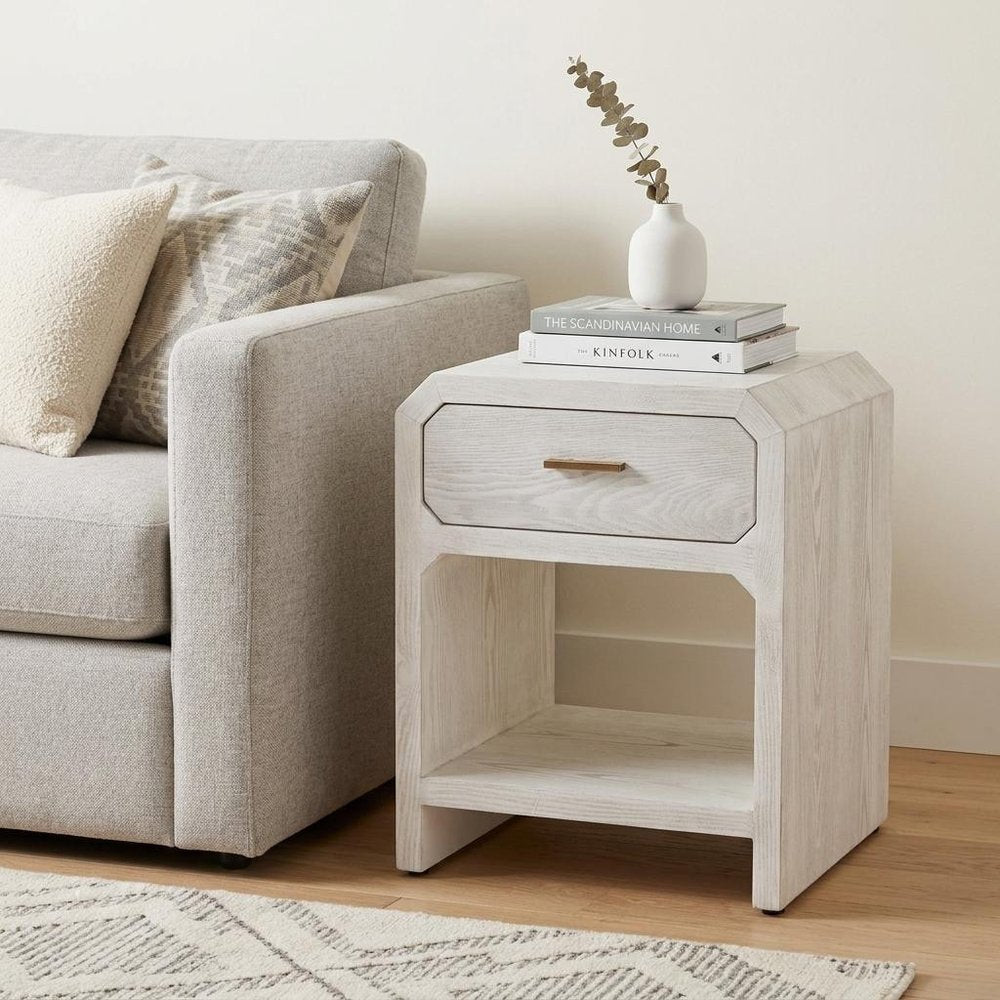20" White Wood Faceted End Table With Drawer And Shelf HomeRoots
