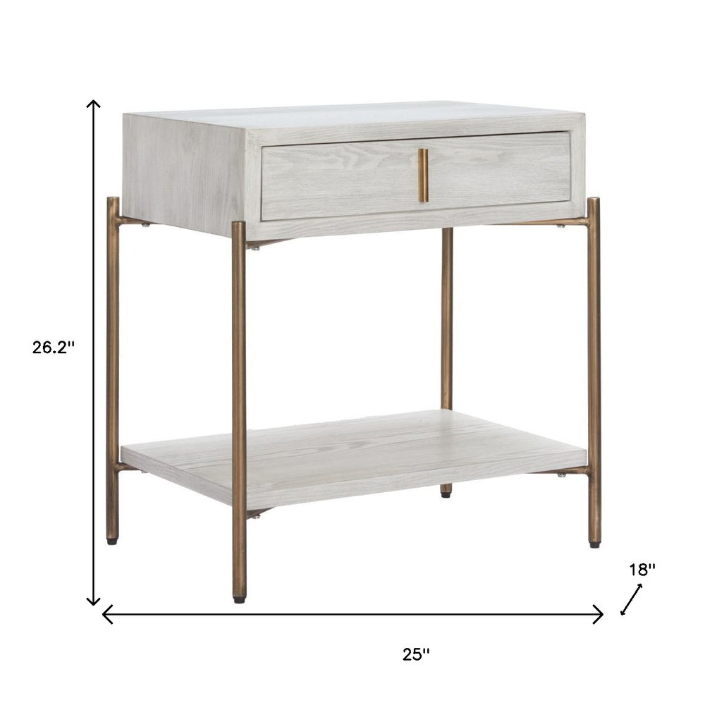 26" White and Bronze Wood and Steel End Table With Drawer And Shelf — view 3