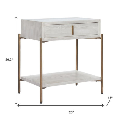 26" White and Bronze Wood and Steel End Table With Drawer And Shelf HomeRoots
