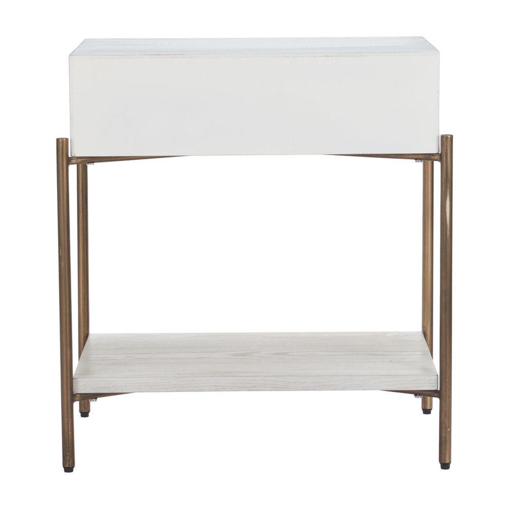 26" White and Bronze Wood and Steel End Table With Drawer And Shelf