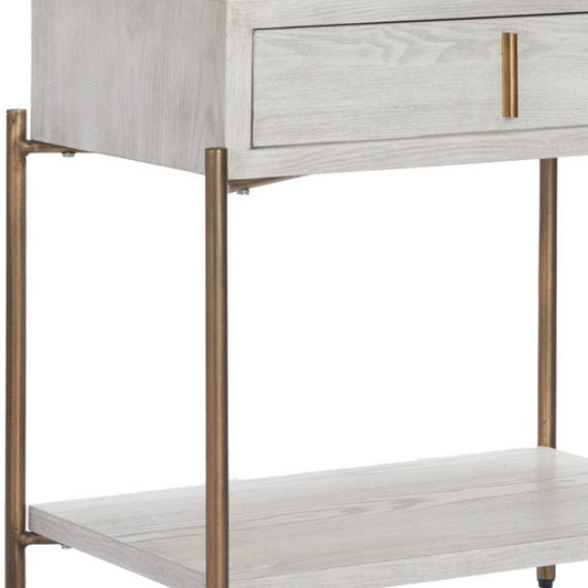26" White and Bronze Wood and Steel End Table With Drawer And Shelf