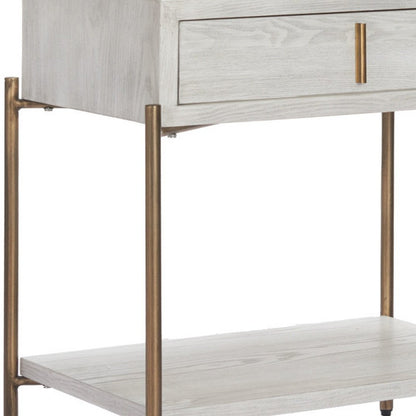 26" White and Bronze Wood and Steel End Table With Drawer And Shelf