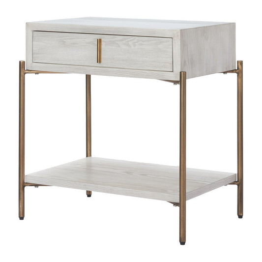 26" White and Bronze Wood and Steel End Table With Drawer And Shelf