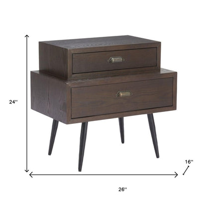 24" Brown Wood Free Form Pedestal End Table With Two Drawers HomeRoots