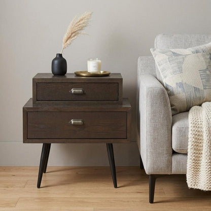 24" Brown Wood Free Form Pedestal End Table With Two Drawers HomeRoots