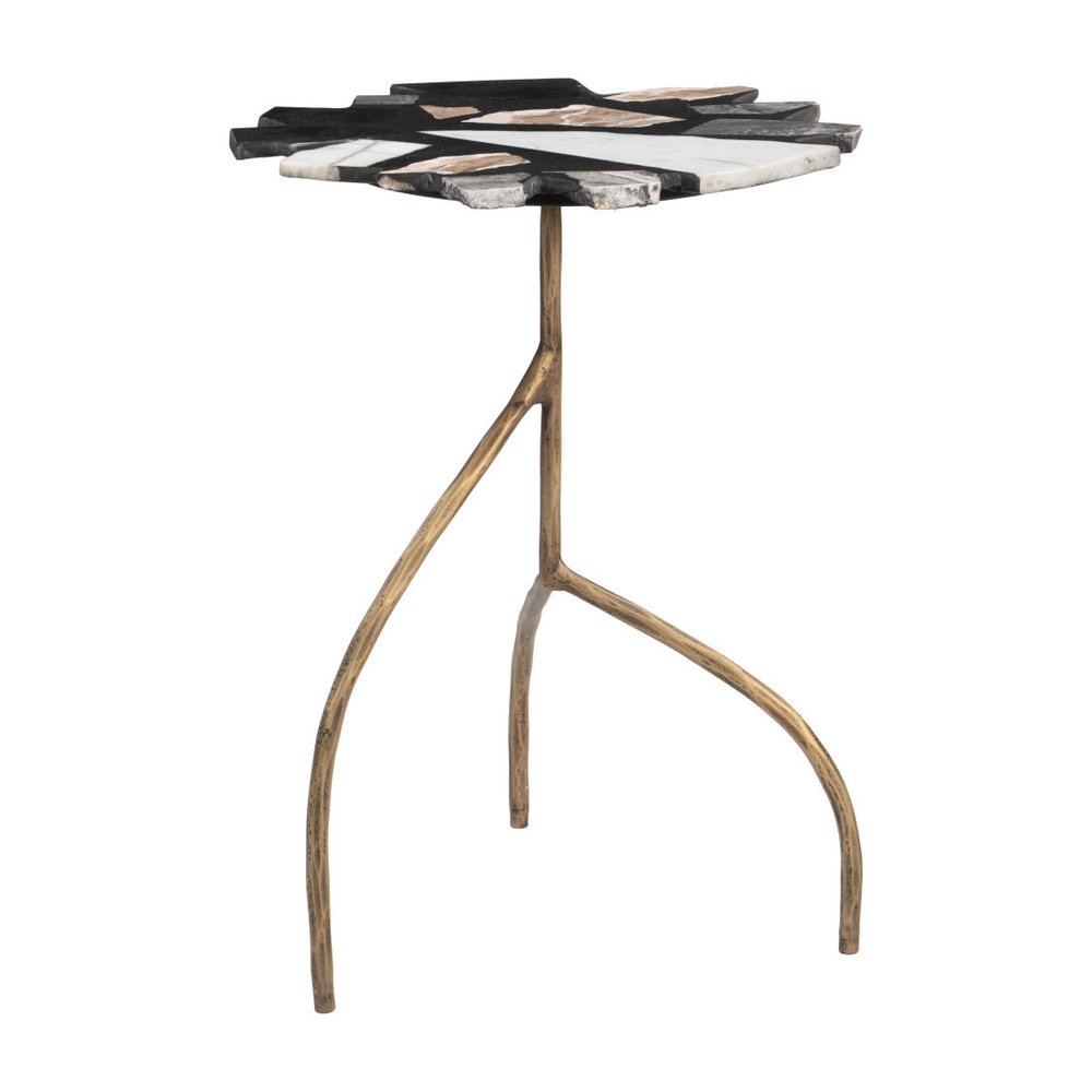 23" Black Brown White and Gold Terrazzo and Iron Free Form Pedestal End Table HomeRoots