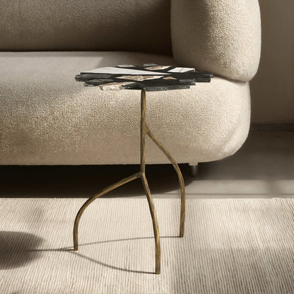 23" Black Brown White and Gold Terrazzo and Iron Free Form Pedestal End Table HomeRoots