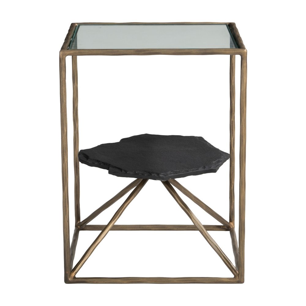 24" Brass Glass Iron and Marble Free Form Pedestal End Table — view 2