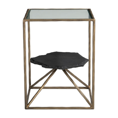 24" Brass Glass Iron and Marble Free Form Pedestal End Table HomeRoots