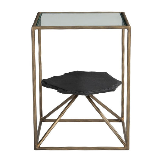 24" Brass Glass Iron and Marble Free Form Pedestal End Table