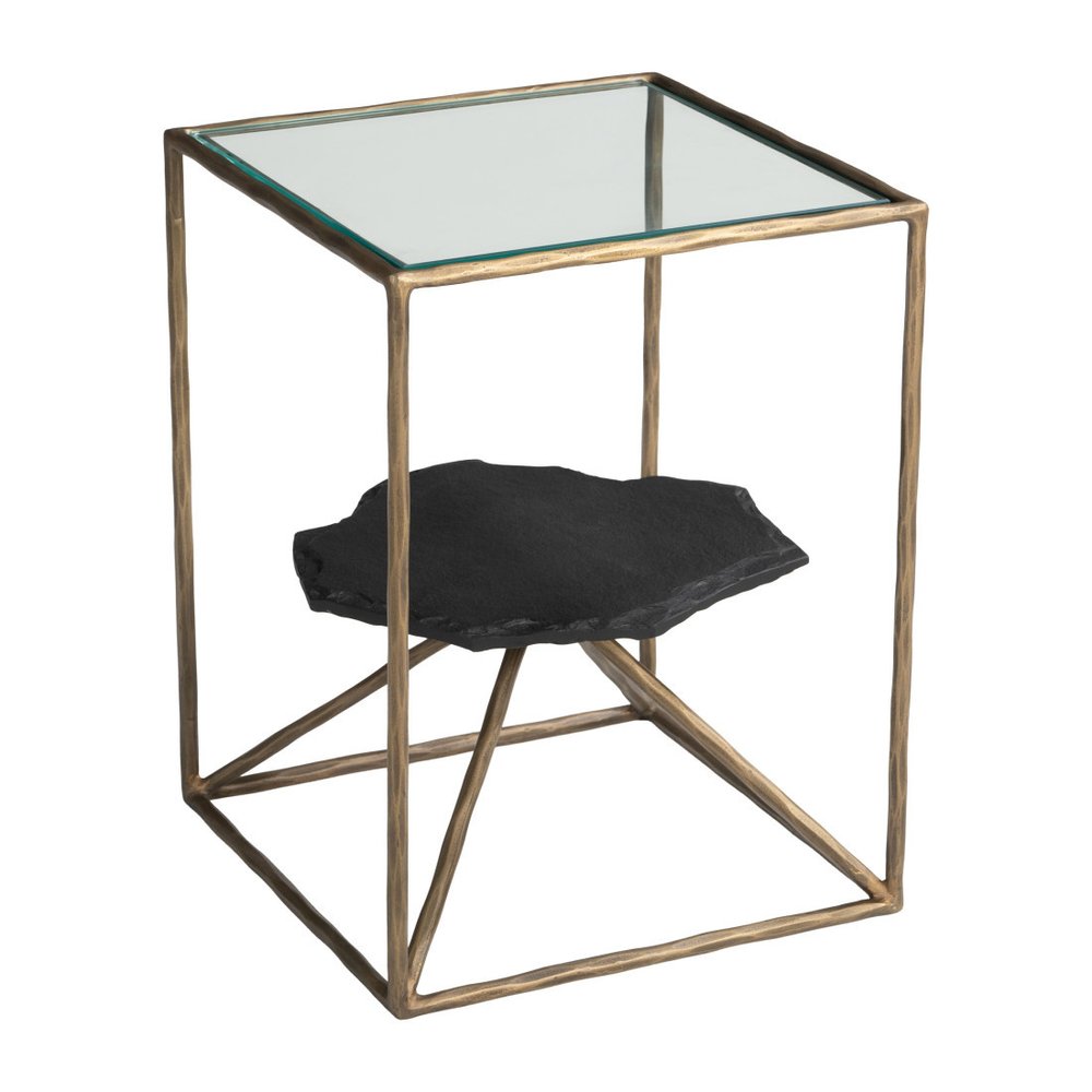 24" Brass Glass Iron and Marble Free Form Pedestal End Table HomeRoots