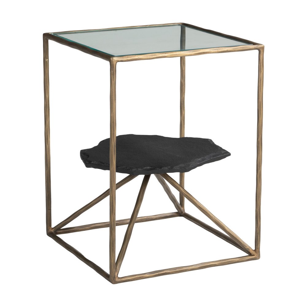 24" Brass Glass Iron and Marble Free Form Pedestal End Table HomeRoots