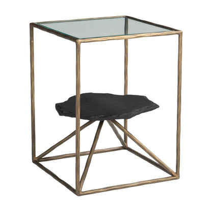 24" Brass Glass Iron and Marble Free Form Pedestal End Table HomeRoots