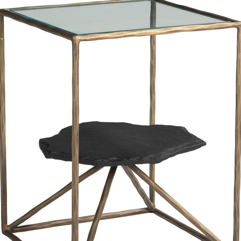 24" Brass Glass Iron and Marble Free Form Pedestal End Table — view 6