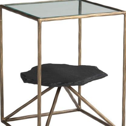 24" Brass Glass Iron and Marble Free Form Pedestal End Table HomeRoots