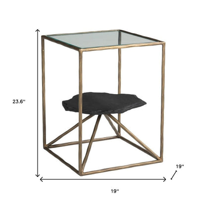24" Brass Glass Iron and Marble Free Form Pedestal End Table HomeRoots