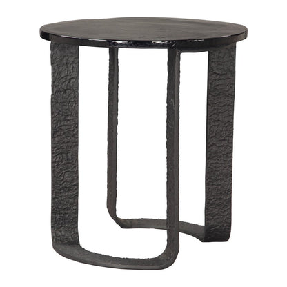 24" Black Glass and Aluminum Round Sled End Table