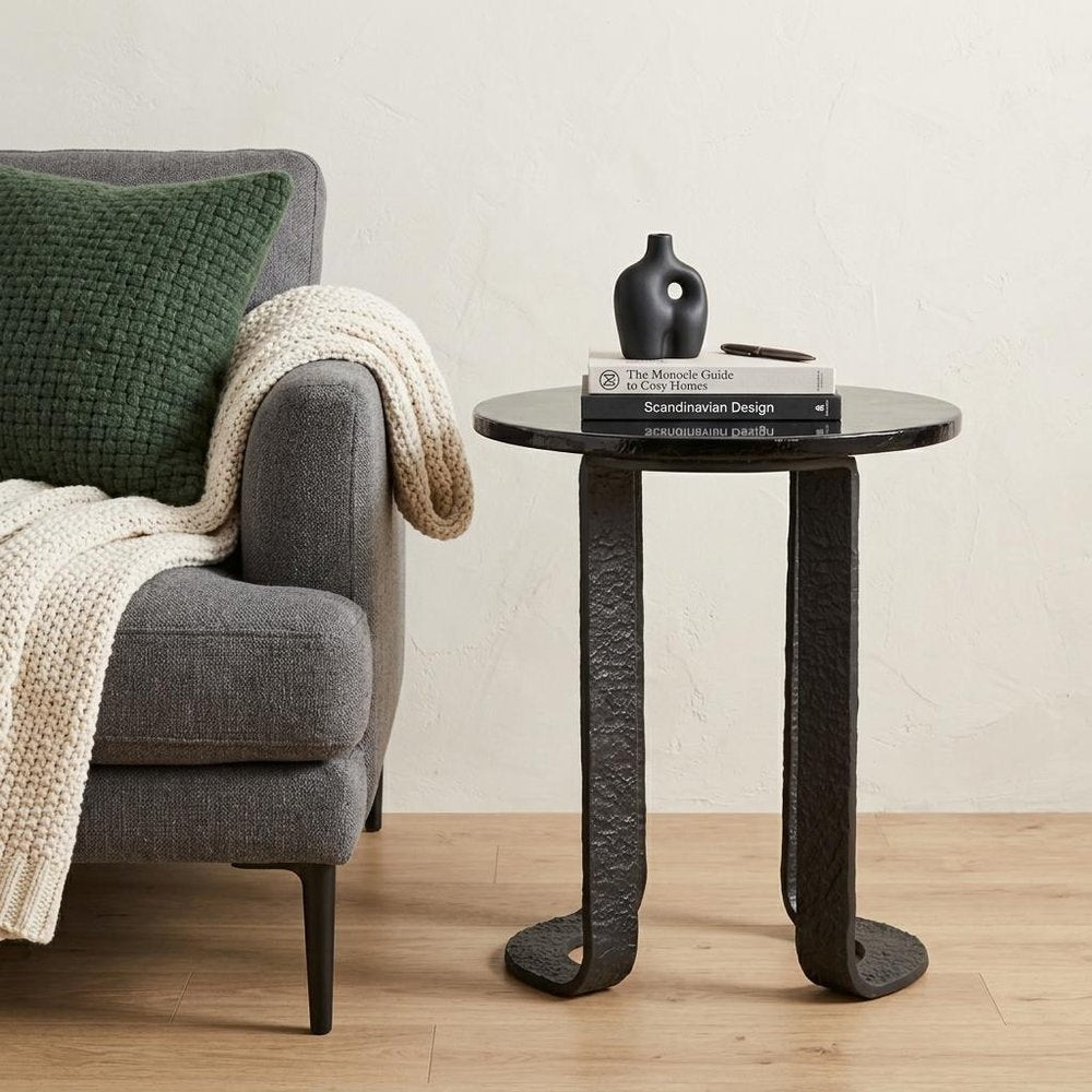 24" Black Glass and Aluminum Round Sled End Table