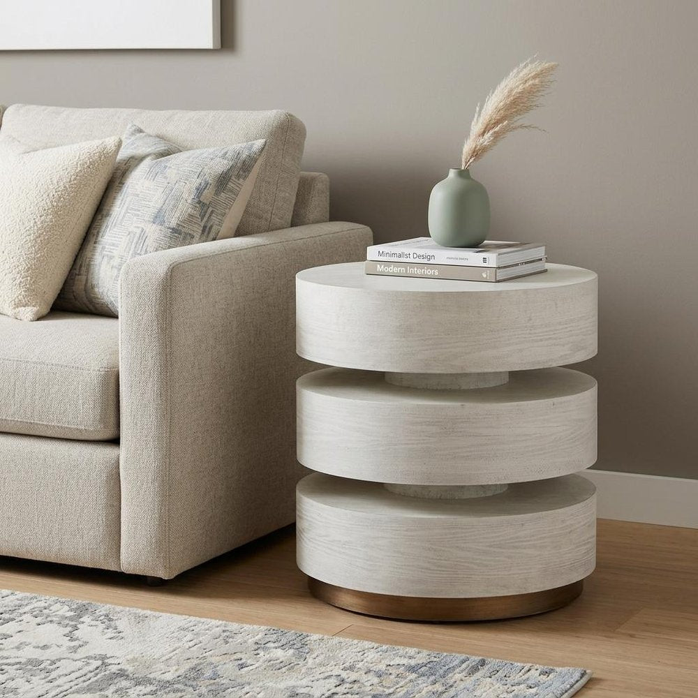 22" White Wood And Steel Round Pedestal End Table — view 8