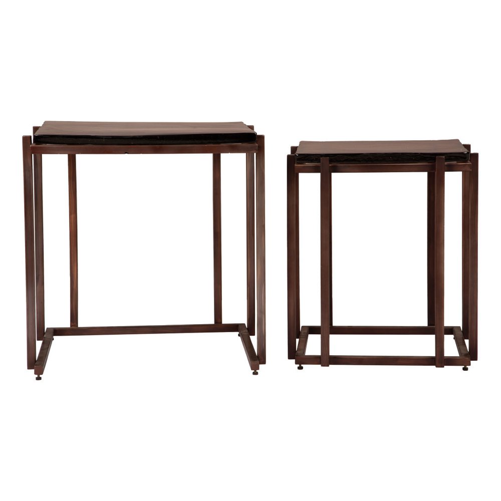 Set of Two Bronze Glass and Iron Square Frame Nested Tables — view 2