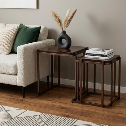 Set of Two Bronze Glass and Iron Square Frame Nested Tables HomeRoots