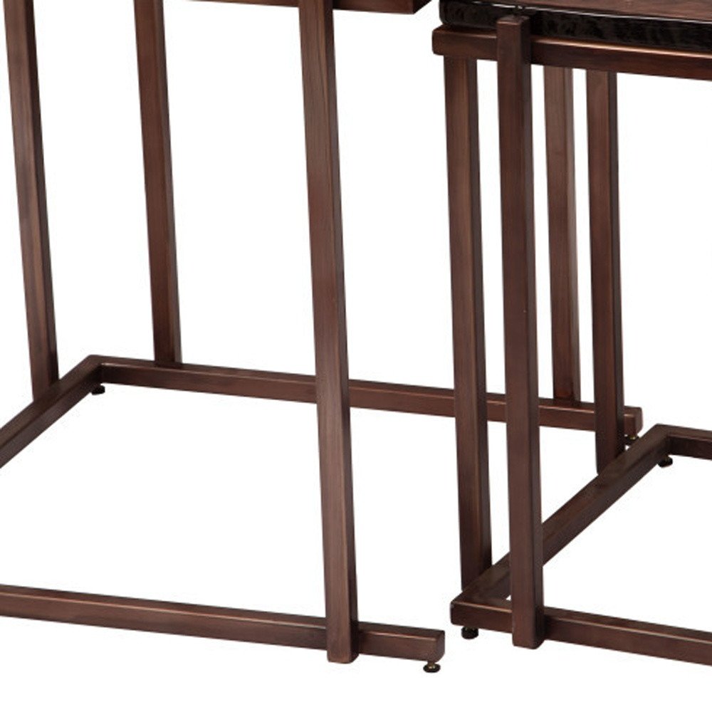 Set of Two Bronze Glass and Iron Square Frame Nested Tables — view 5