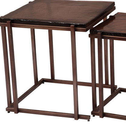 Set of Two Bronze Glass and Iron Square Frame Nested Tables HomeRoots
