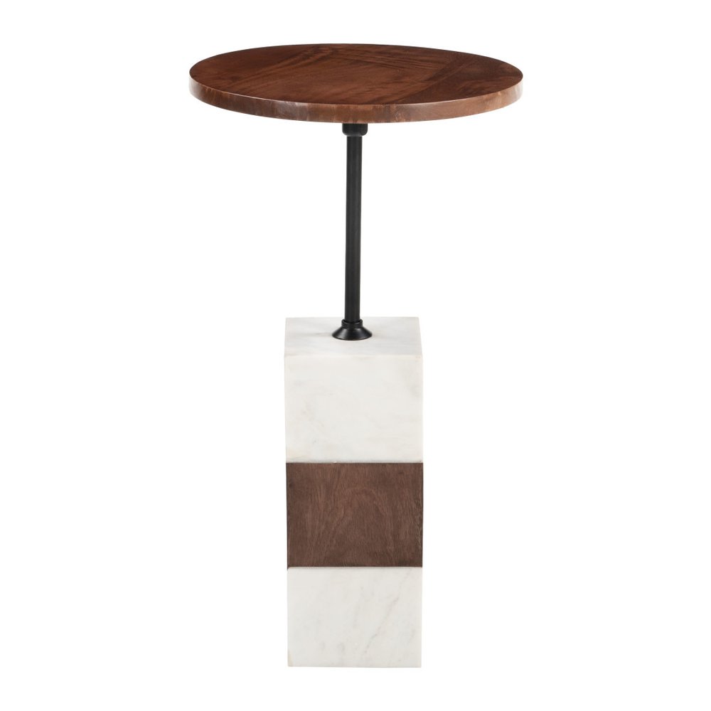 22" Brown and White Solid Wood Iron and Marble Circular Pedestal End Table HomeRoots