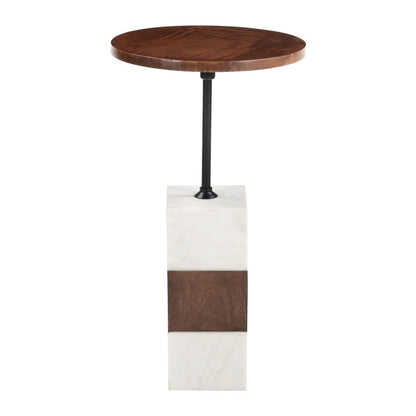 22" Brown and White Solid Wood Iron and Marble Circular Pedestal End Table HomeRoots