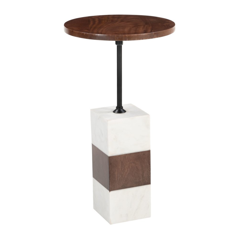 22" Brown and White Solid Wood Iron and Marble Circular Pedestal End Table — view 2
