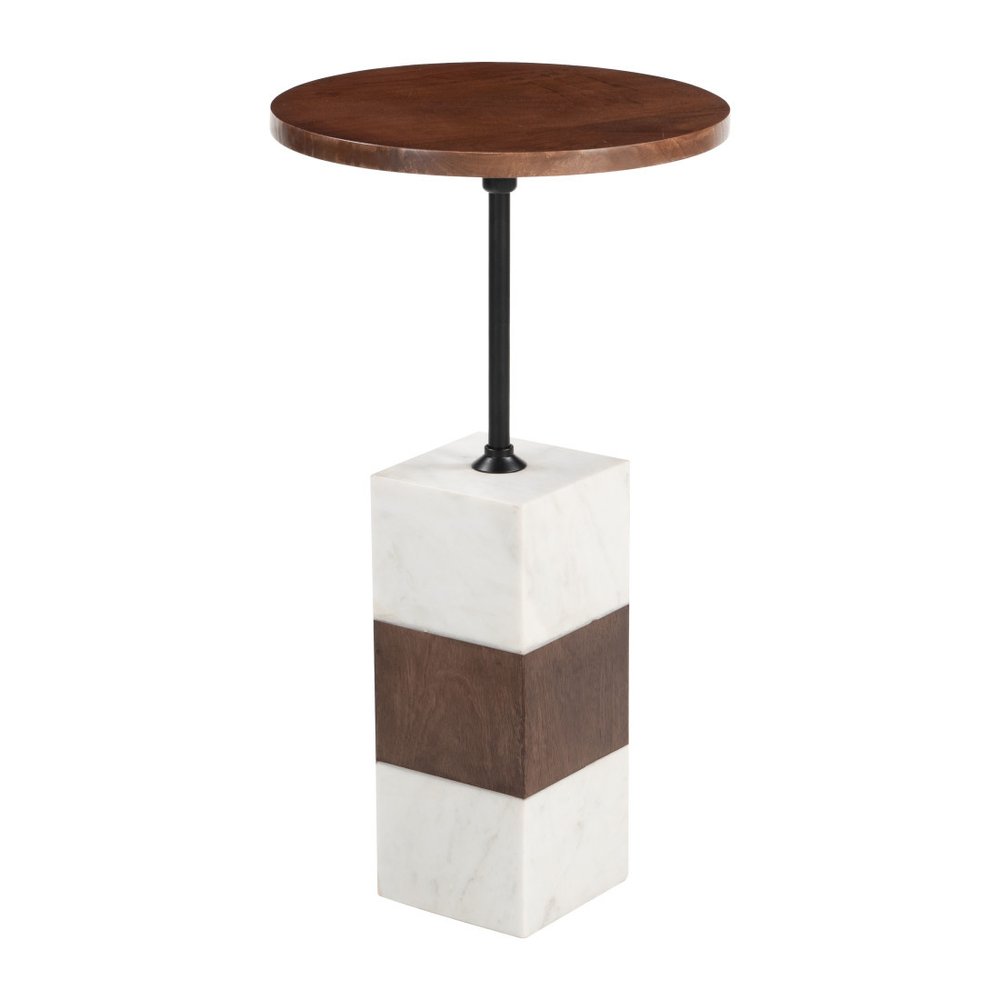 22" Brown and White Solid Wood Iron and Marble Circular Pedestal End Table — view 3
