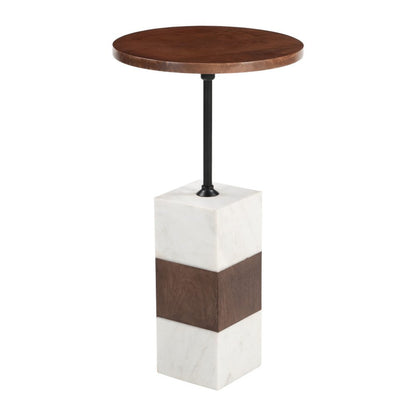 22" Brown and White Solid Wood Iron and Marble Circular Pedestal End Table HomeRoots
